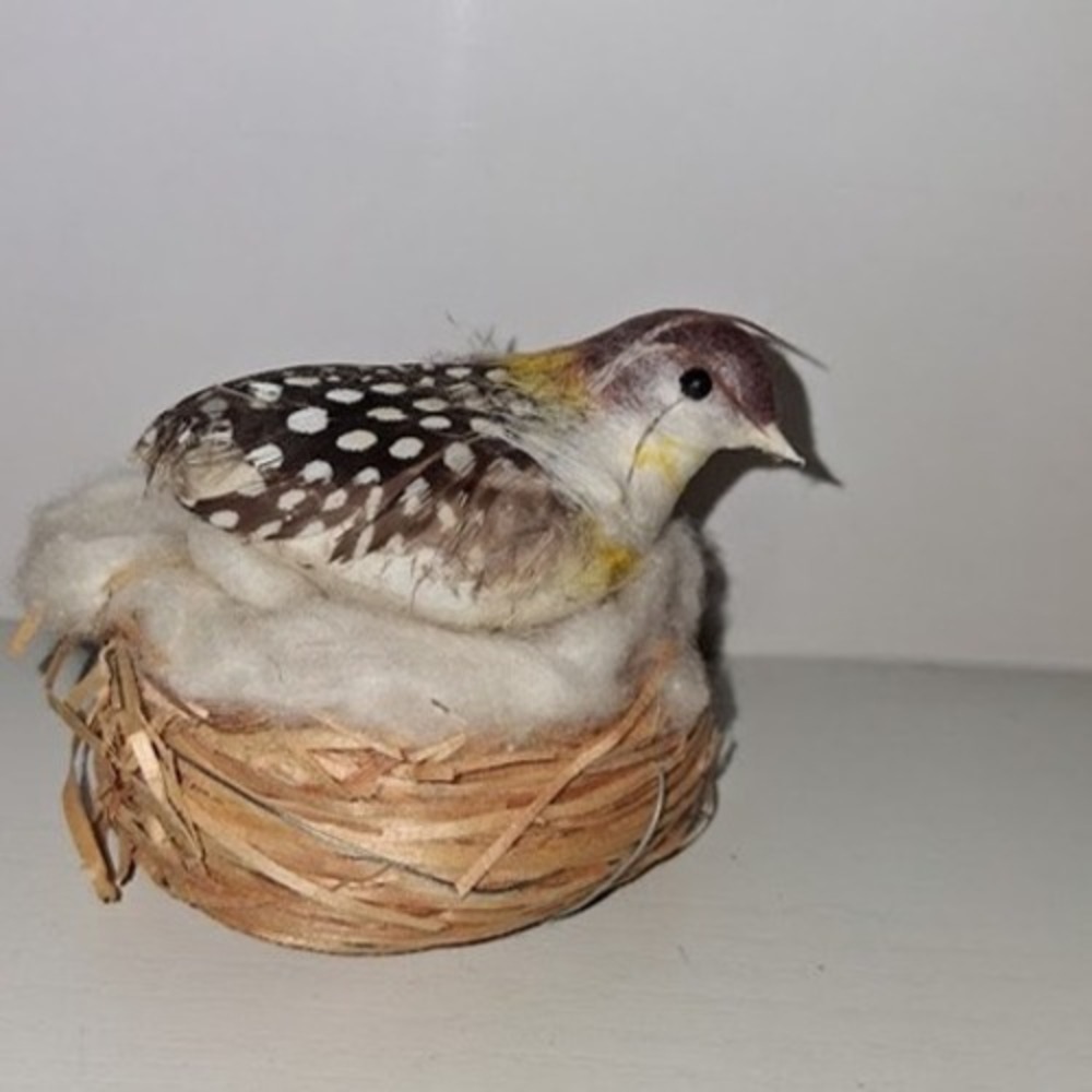 Vintage Feather Bird in Nest Ornament Rustic Spring Decor Cottage Style 3"